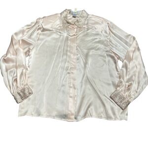 Vintage 100% Silk Pink Blouse Button Front Beaded Collar Size 14 Secretary Geek